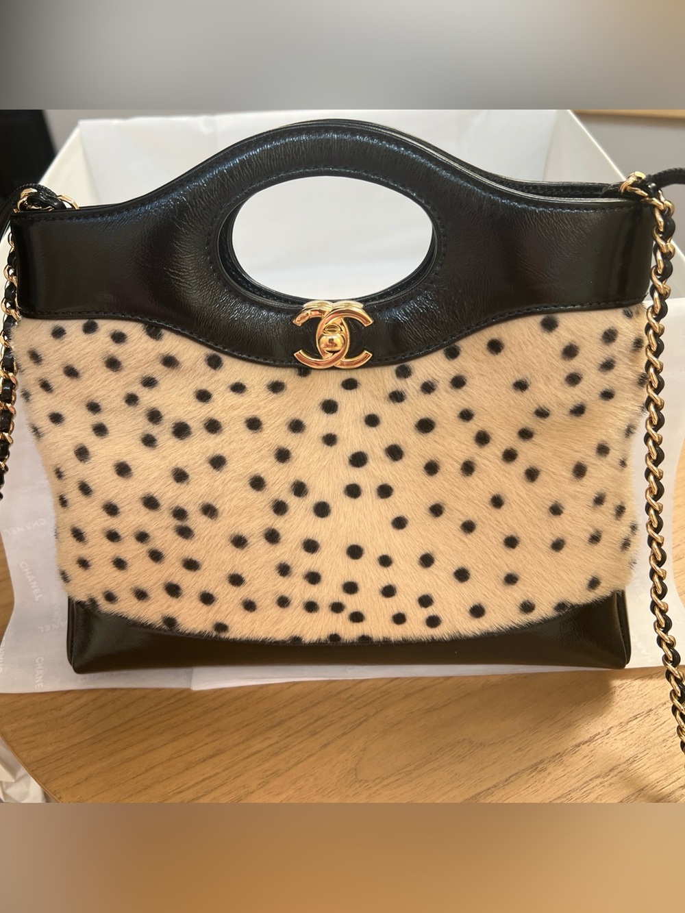 🐆 New 26A CHANEL Pony Hair Animal Print Black Mini 31 Bag Handbag Gold CC - Picture 3 of 12